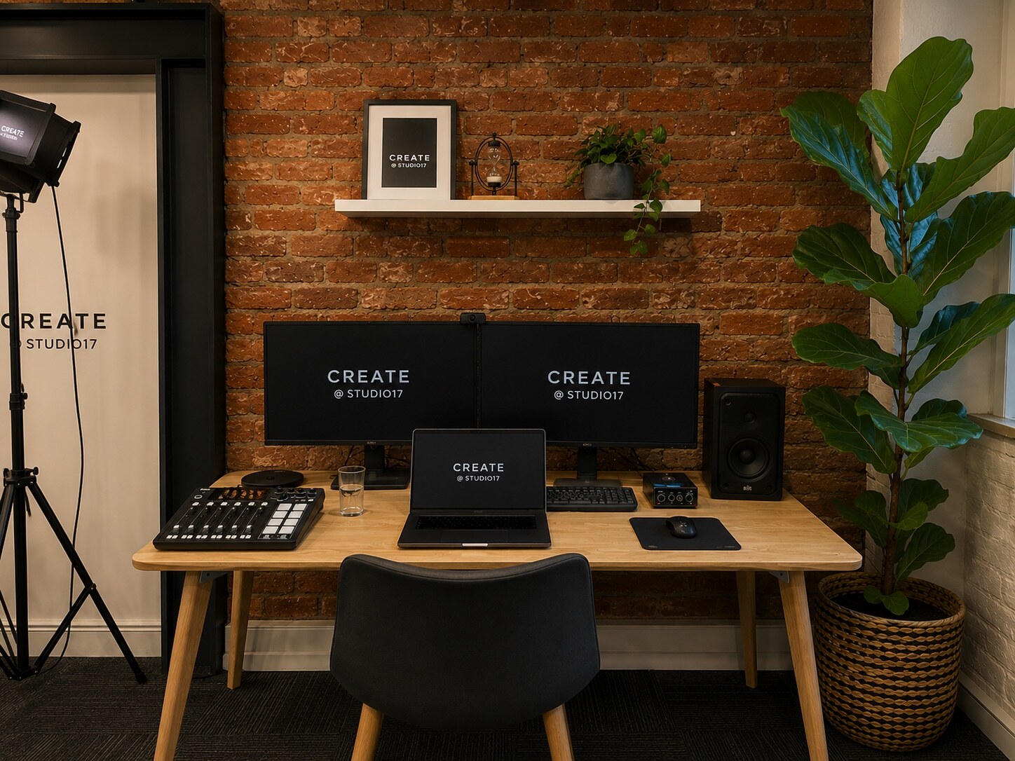Studio17 production desk with branded screens, audio controls and monitoring equipment
