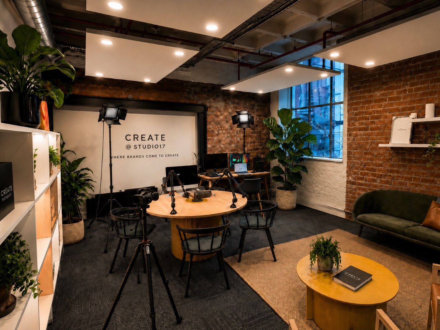 Wide view of the complete Create at Studio17 podcast and content studio